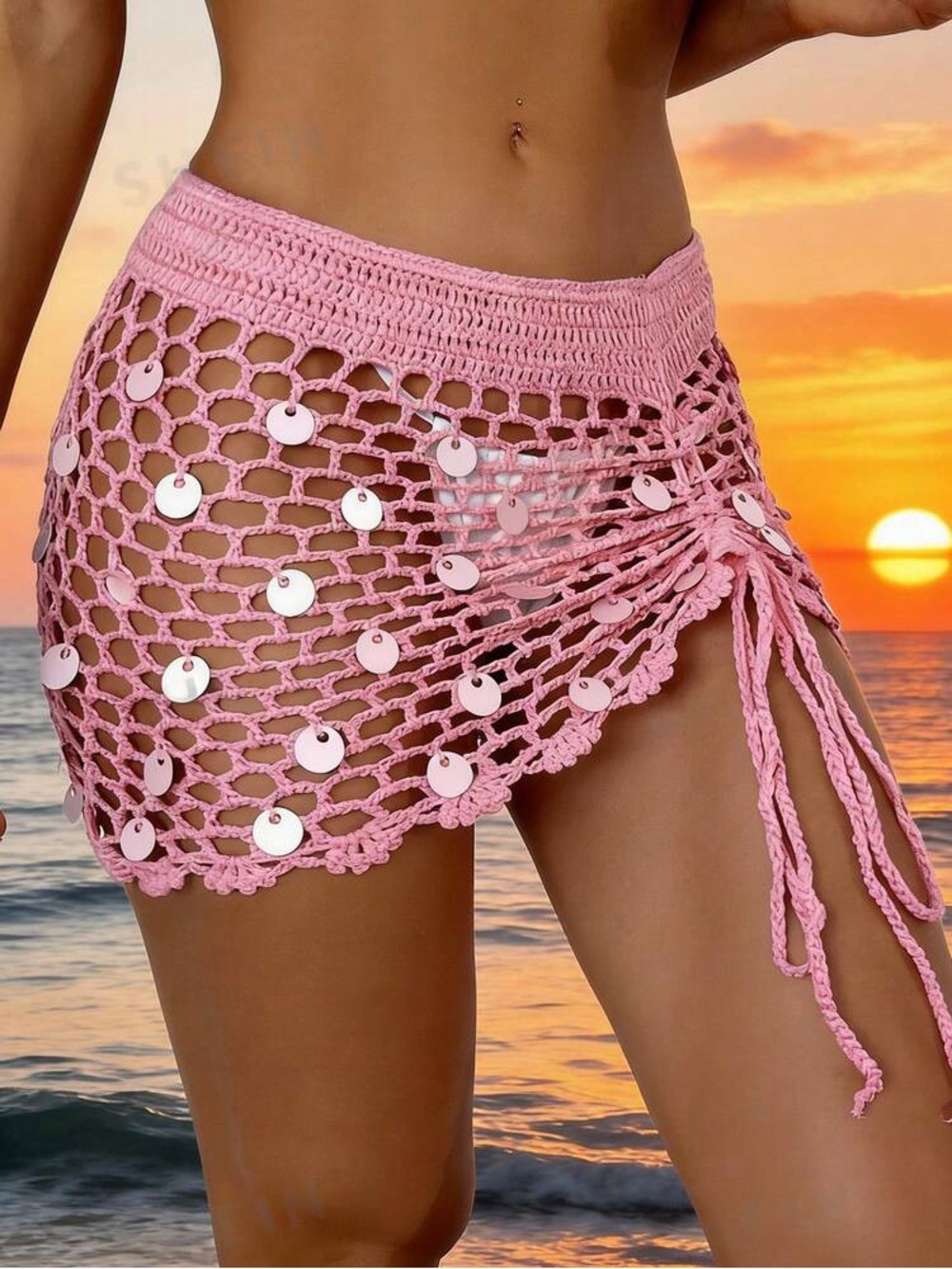 SHEIN Pink Swim Vcay Cover Up Skirt with Crochet Design & Oversized Sequins